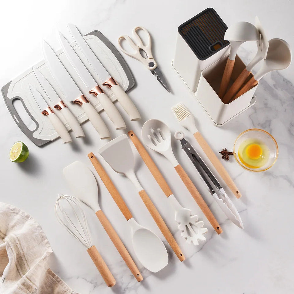 Ensemble d'Ustensiles de Cuisine en Silicone avec Manche en Bois-18 piece